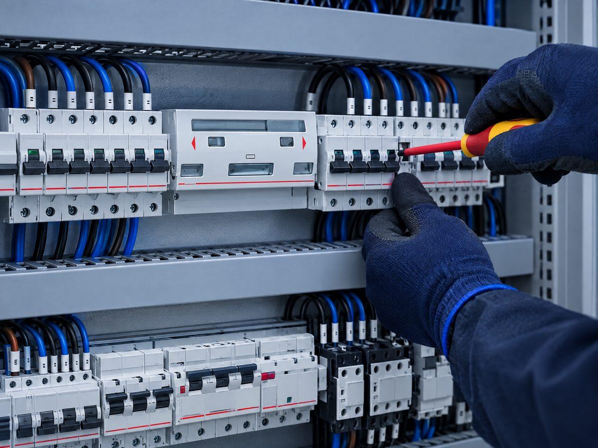 Técnico trabajando en la aparamenta de un cuadro eléctrico industrial