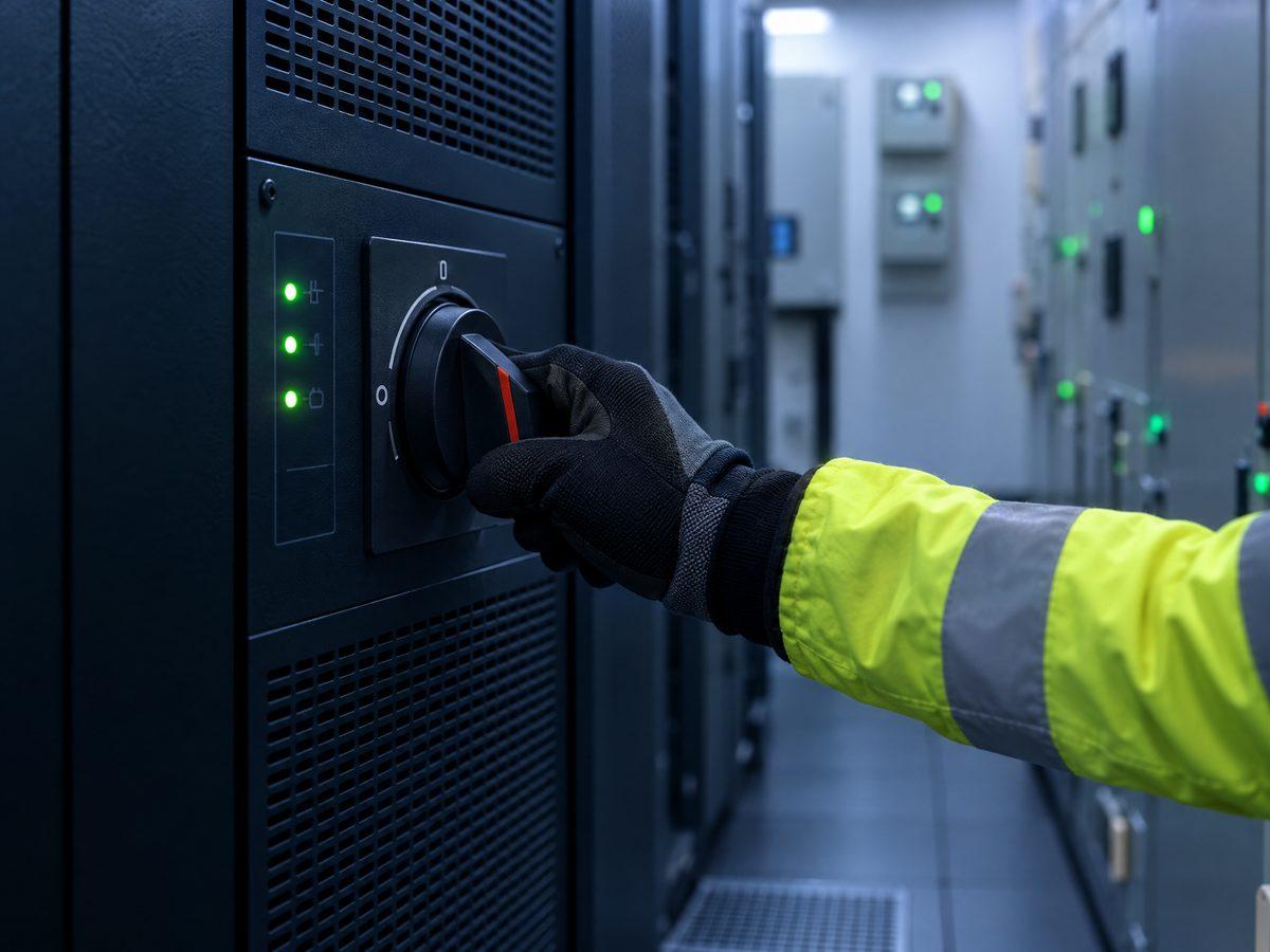 Técnico accionando el bypass manual de un SAI industrial