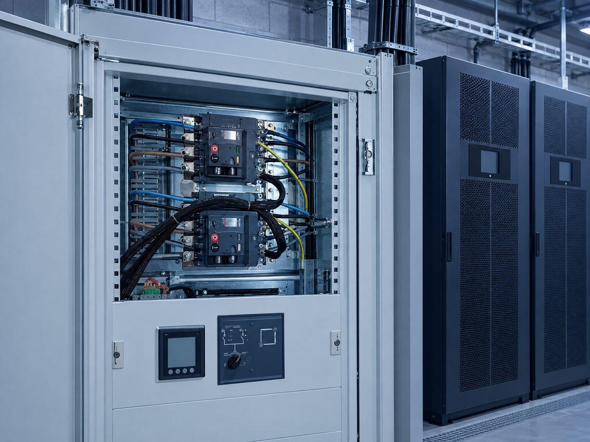 Cuadro de conmutación y bypass junto a los SAI de una sala técnica